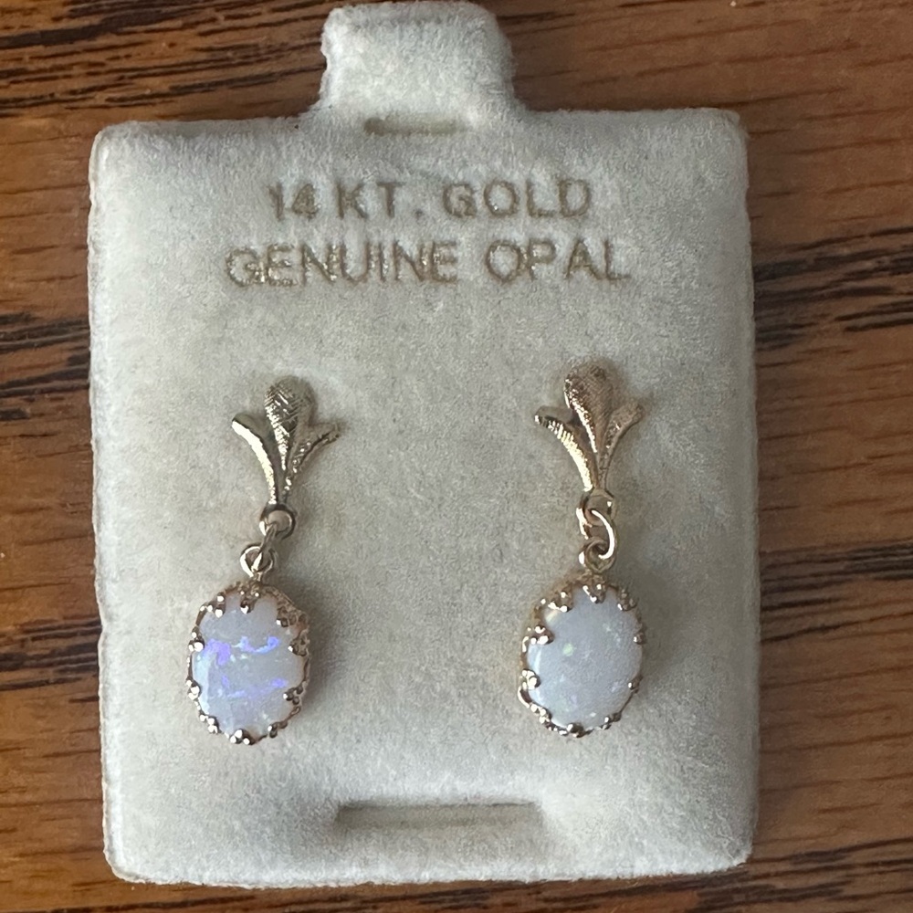14K Gold Genuine Opal Drop Earrings - White Opal Dangle